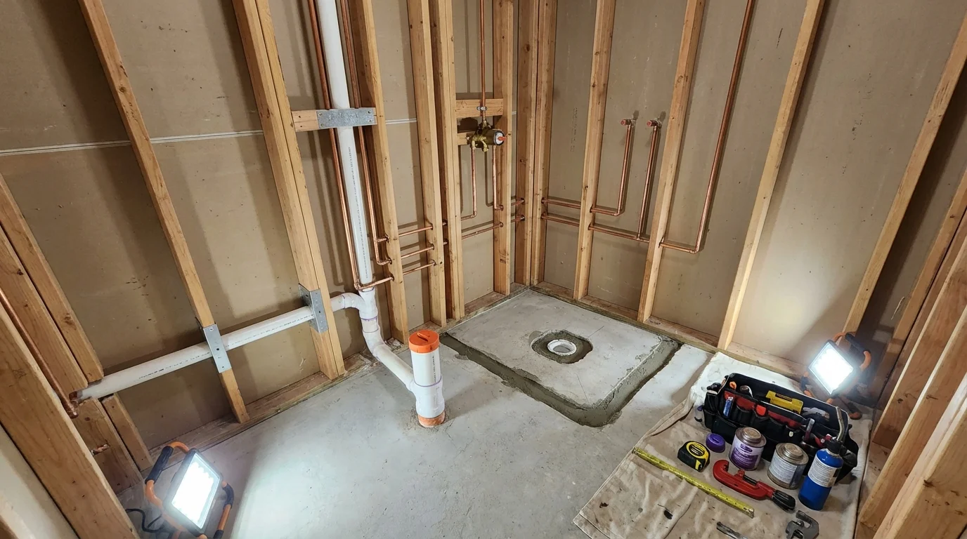 Bathroom rough-in plumbing during remodel by Johns Plumbing LLC in Effort