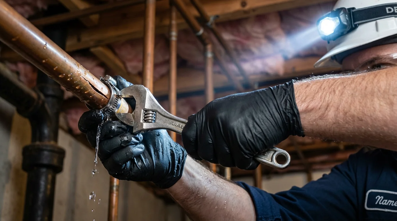 Emergency pipe clamp repair being performed by a Johns Plumbing LLC plumber in Effort