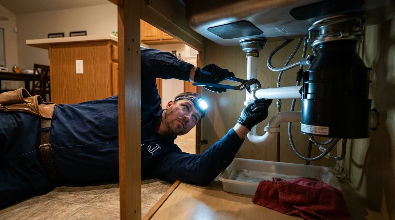 P-trap and supply line connections under a kitchen sink showing a common leak point in Effort, PA